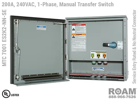 MTC 7001 ES2K2-NN-SE - Manual Transfer Switch Panel with Cam-Locks - 200A/240VAC - Single-Phase - Tap Box - Docking Station - Generator Interface Panel - Connection Panel - 240v (120v, 208v, 230v, & 240v) - E1016 (J-Series/16-Series) - Male Cam-Lock - Cam-Lok Connectors, MTC7001ES2K2NNSE - UL/cUL 1008 Listed - No Neutral - Service Entry Rated