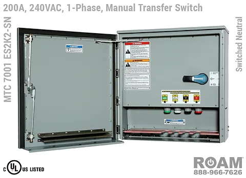 MTC 7001 ES2K2-SN - Manual Transfer Switch Panel with Cam-Locks - 200A/240VAC - Single-Phase - Tap Box - Docking Station - Generator Interface Panel - Connection Panel - 240v (120v, 208v, 230v, & 240v) - E1016 (J-Series/16-Series) - Male Cam-Lock - Cam-Lok Connectors, MTC7001ES2K2SN - UL/cUL 1008 Listed - Switched Neutral