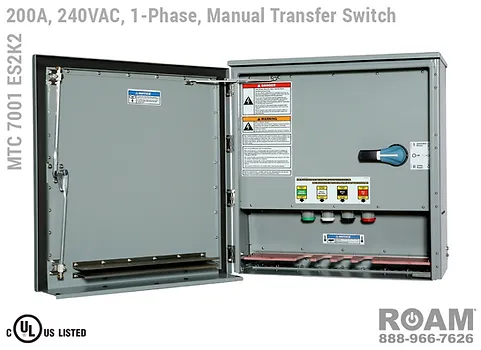 MTC 7001 ES2K2 - Manual Transfer Switch Panel with Cam-Locks - 200A/240VAC - Single-Phase - Tap Box - Docking Station - Generator Interface Panel - Connection Panel - 240v (120v, 208v, 230v, & 240v) - E1016 (J-Series/16-Series) - Male Cam-Lock - Cam-Lok Connectors, MTC7001ES2K2 - UL/cUL 1008 Listed