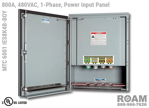 Roam MTC 6001 IES8K4B-BOY - Power Input Panel - Single-Phase - Door Open - Supports Up to to 800A - 800 Amps - Supports Up to 600MCM Cable - Bus-Barred - Supports 277VAC, 330VAC, 440VAC, & 480VAC - 480v (277v, 330v, 440v, & 480v) - E1016 (J-Series/16-Series) Male Cam-Lok Connectors - MTC6001IES8K4B-BOY - Cam-Lock - Tap Box - Docking Station - Connection Panel - Connector Panel - 1-Phase - UL/cUL Listed
