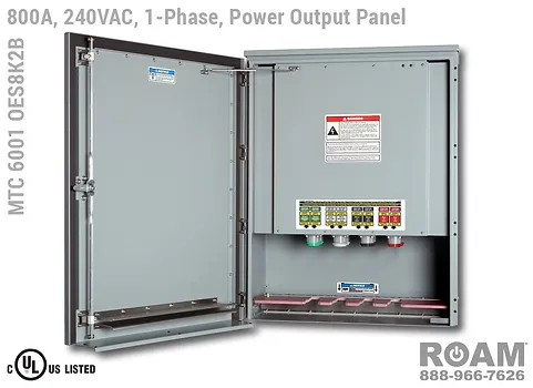 Roam MTC 6001 OES8K2B - Power Output Panel - Single-Phase - Door Open - Supports Up to to 800A - 800 Amps - Supports Up to 600MCM Cable - Bus-Barred - Supports 120VAC, 208VAC, 230VAC, & 240VAC - 240v (120v, 208v, 230v, & 240v) - E1016 (J-Series/16-Series) Female Cam-Lok Connectors - MTC6001OES8K2B - Cam-Lock - Tap Box - Docking Station - Connection Panel - Connector Panel - 1-Phase - UL/cUL Listed