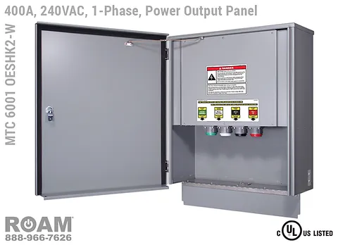 MTC 6001 OESHK2-W - 400A/240VAC - 1-Phase - Power Output Panel - Connection Panel - Tap Box - Docking Station - Front View - Door Open - Wide Form Factor - Single-Phase - Power Output Interface Box - 120VAC, 208VAC, 230VAC, & 240VAC - 240v (120v, 208v, 230v, & 240v) - 400 Amp - Door Open - Wide Form Factor - Showing E1016 (J-Series/16-Series) Female Cam-Lok Connectors - Cam-Lock Power Output Panel - MTC6001OESHK2-W - UL/cUL Listed