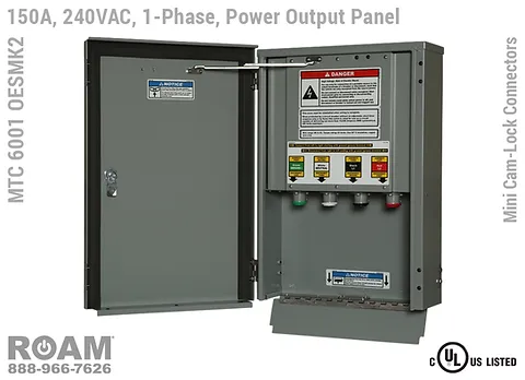 MTC 6001 OESMK2 - 150A/240VAC - 1-Phase - Power Output Panel - Connection Panel - Tap Box - Docking Station - Mini Cam-Lock Front View - Open - Single-Phase - Power Output Interface Box - 120VAC, 208VAC, 230VAC, & 240VAC - 240v (120v, 208v, 230v, & 240v) - Door Open - Showing 15-Series Female Mini Cam-Lock Connectors - MTC6001OESMK2 - UL/cUL Listed