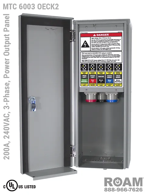 MTC 6003 OECK2 - 200A/240VAC - 3-Phase - Power Output Panel - Connection Panel - Tap Box - Docking Station - Compact - Front View - Door Open - Three-Phase Power Output Interface Box - 120VAC, 208VAC, 230VAC, & 240VAC - 240v (120v, 208v, 230v, & 240v) - 200 Amp - Door Open - Showing E1016 (J-Series/16-Series) Female Cam-Lok Connectors - Cam-Lock Power Output Panel - MTC6003OECK2 - UL/cUL Listed
