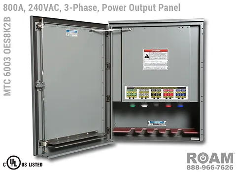 Roam MTC 6003 OES8K2B - Power Output Panel - Three-Phase - Door Open - Supports Up to to 800A - 800 Amps - Supports Up to 600MCM Cable - Bus-Barred - Supports 120VAC, 208VAC, 230VAC, & 240VAC - 240v (120v, 208v, 230v, & 240v) - E1016 (J-Series/16-Series) Female Cam-Lok Connectors - MTC6003OES8K2B - Cam-Lock - Tap Box - Docking Station - Connection Panel - Connector Panel - 3-Phase - UL/cUL Listed