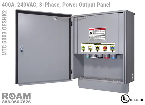 MTC 6003 OESHK2 - 400A/240VAC - 3-Phase - Power Output Panel - Connection Panel - Tap Box - Docking Station - Front View - Door Open - Three-Phase - Power Output Interface Box - 120VAC, 208VAC, 230VAC, & 240VAC - 240v (120v, 208v, 230v, & 240v) - 400 Amp - Door Open - Showing E1016 (J-Series/16-Series) Female Cam-Lok Connectors - Cam-Lock Power Output Panel - MTC6003OESHK2 - UL/cUL Listed