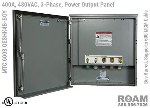 MTC 6003 OESHK2B - 400A/240VAC - 3-Phase - Power Output Panel - Connection Panel - Tap Box - Docking Station - Bus Barred - Up to 600MCM Cable - Front View - Door Open - Three-Phase - Power Output Interface Box - 120VAC, 208VAC, 230VAC, & 240VAC - 240v (120v, 208v, 230v, & 240v) - 400A - Door Open - Showing E1016 (J-Series/16-Series) Female Cam-Lok Connectors - Cam-Lock - MTC6003OESHK2B - UL/cUL Listed