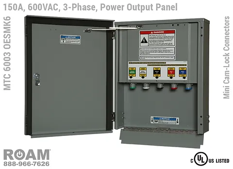 MTC 6003 OESMK2 - 150A/240VAC - 3-Phase - Power Output Panel - Connection Panel - Tap Box - Docking Station - Mini Cam-Lock Front View - Open - Three-Phase - Power Output Interface Box - 120VAC, 208VAC, 230VAC, & 240VAC - 240v (120v, 208v, 230v, & 240v) - Door Open - Showing 15-Series Female Mini Cam-Lock Connectors - MTC6003OESMK2 - UL/cUL Listed