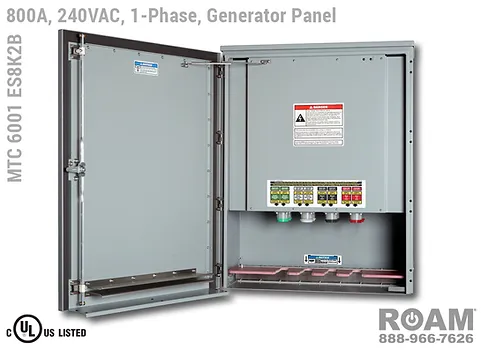Roam MTC 6001 ES8K2B - Generator Interface Panel - Single-Phase - Door Open - Supports Up to to 800A - 800 Amps - Supports Up to 600MCM Cable - Bus-Barred - Supports 120VAC, 208VAC, 230VAC, & 240VAC - 240v (120v, 208v, 230v, & 240v) - E1016 (J-Series/16-Series) Male Cam-Lok Connectors - MTC6001ES8K2B - Cam-Lock - Gen Box - Tap Box - Docking Station - Connection Panel - Connector Panel - 1-Phase - UL/cUL Listed