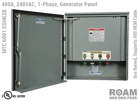 MTC 6001 ESHK2B - 400A/240VAC - 1-Phase - Generator Interface Panel - Connection Panel - Tap Box - Docking Station - Bus Barred - Up to 600MCM Cable - Front View - Door Open - Single-Phase - Generator Interface Box - 120VAC, 208VAC, 230VAC, & 240VAC - 240v (120v, 208v, 230v, & 240v) - 400A - Door Open - Showing E1016 (J-Series/16-Series) Male Cam-Lok Connectors - Cam-Lock - MTC6001ESHK2B - UL/cUL Listed