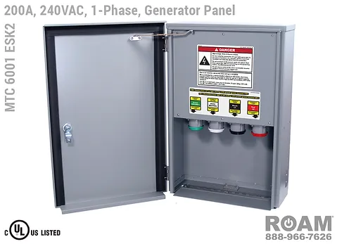 MTC 6001 ESK2 - 200A/240VAC - 1-Phase - Generator Interface Panel - Connection Panel - Tap Box - Docking Station - Front View - Door Open - Single-Phase - Generator Interface Box - 120VAC, 208VAC, 230VAC, & 240VAC - 240v (120v, 208v, 230v, & 240v) - 200 Amp - Door Open - Showing E1016 (J-Series/16-Series) Male Cam-Lok Connectors - Cam-Lock Generator Connector Panel - MTC6001ESK2 - UL/cUL Listed