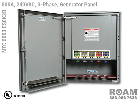 Roam MTC 6003 ES8K2B - Generator Interface Panel - Three-Phase - Door Open - Supports Up to to 800A - 800 Amps - Supports Up to 600MCM Cable - Bus-Barred - Supports 120VAC, 208VAC, 230VAC, & 240VAC - 240v (120v, 208v, 230v, & 240v) - E1016 (J-Series/16-Series) Male Cam-Lok Connectors - MTC6003ES8K2B - Cam-Lock - Gen Box - Tap Box - Docking Station - Connection Panel - Connector Panel - 3-Phase - UL/cUL Listed