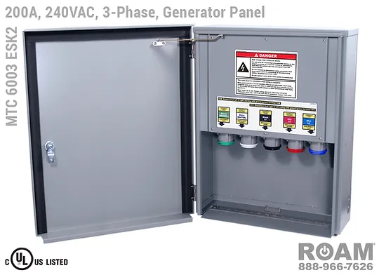 MTC 6003 ESK2 - 200A/240VAC - 3-Phase - Generator Interface Panel - Connection Panel - Tap Box - Docking Station - Front View - Door Open - Three-Phase - Generator Interface Box - 120VAC, 208VAC, 230VAC, & 240VAC - 240v (120v, 208v, 230v, & 240v) - 200 Amp - Door Open - Showing E1016 (J-Series/16-Series) Male Cam-Lok Connectors - Cam-Lock Generator Connector Panel - MTC6003ESK2 - UL/cUL Listed