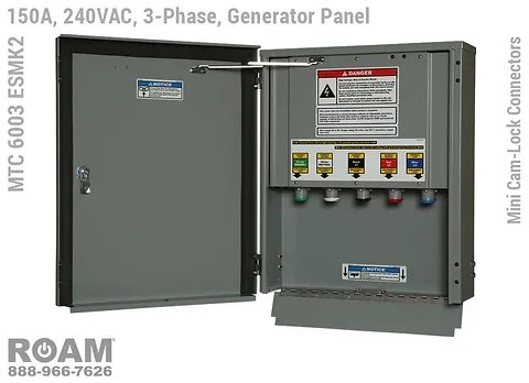 MTC 6003 ESMK2 - 150A/240VAC - 3-Phase - Generator Interface Panel - Connection Panel - Tap Box - Docking Station - Mini Cam-Lock Front View - Open - Three-Phase - Generator Interface Box - 120VAC, 208VAC, 230VAC, & 240VAC - 240v (120v, 208v, 230v, & 240v) - Door Open - Showing 15-Series Male Mini Cam-Lock Connectors - MTC6003ESMK2