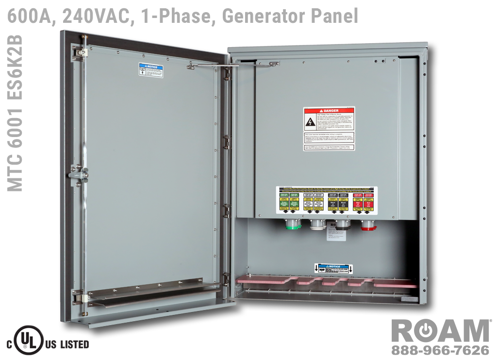 Roam MTC 6001 ES6K2B - Generator Interface Panel - Single-Phase - Door Open - Supports Up to to 800A - 800 Amps - Supports Up to 600MCM Cable - Bus-Barred - Supports 120VAC, 208VAC, 230VAC, & 240VAC - 240v (120v, 208v, 230v, & 240v) - E1016 (J-Series/16-Series) Male Cam-Lok Connectors - MTC6001ES6K2B - Cam-Lock - Gen Box - Tap Box - Docking Station - Connection Panel - Connector Panel - 1-Phase - UL/cUL Listed