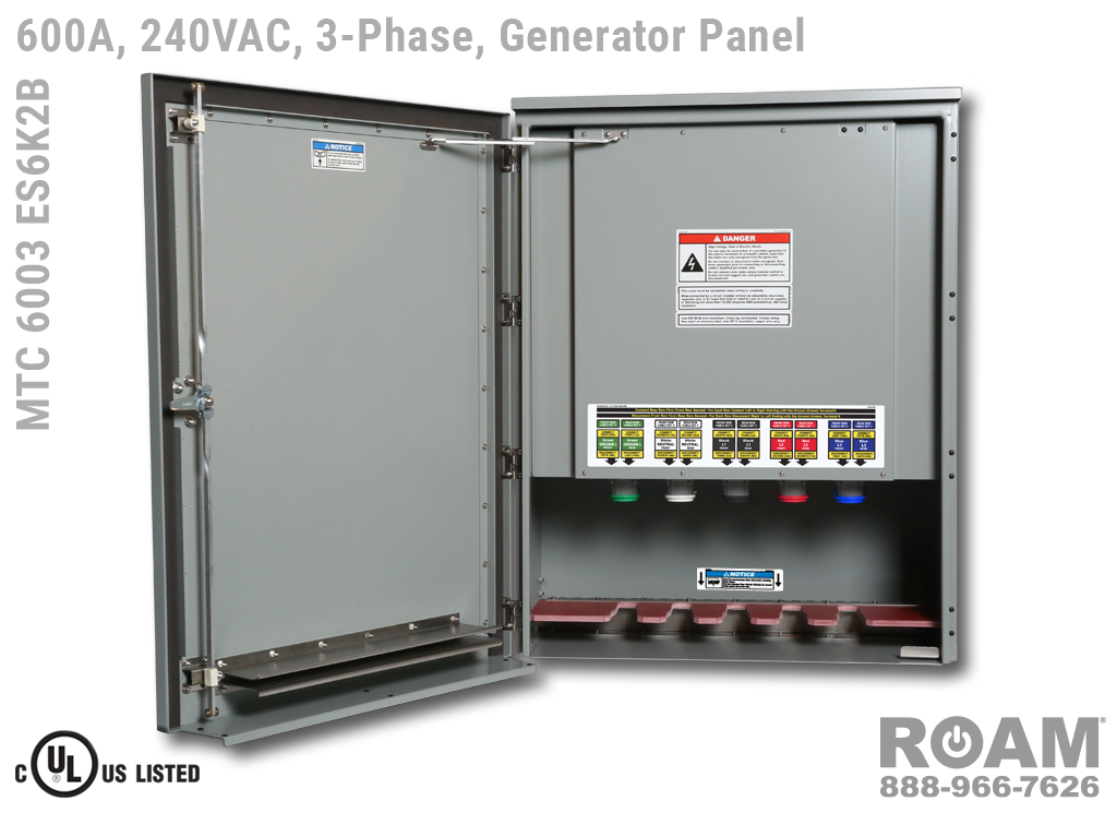 Roam MTC 6003 ES6K2B - Generator Interface Panel - Three-Phase - Door Open - Supports Up to to 800A - 800 Amps - Supports Up to 600MCM Cable - Bus-Barred - Supports 120VAC, 208VAC, 230VAC, & 240VAC - 240v (120v, 208v, 230v, & 240v) - E1016 (J-Series/16-Series) Male Cam-Lok Connectors - MTC6003ES6K2B - Cam-Lock - Gen Box - Tap Box - Docking Station - Connection Panel - Connector Panel - 3-Phase - UL/cUL Listed